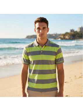 Men's JOHN BARTLETT Polo Shirt Large Neon Green Gray Striped Collared Y2K Preppy